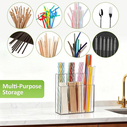 Acrylic Straw Holder for Cabinet Door, Clear Straw Organizer for Reusable Straws, Self-Adhesive No Drill Wall Mount Storage for Kitchen Bar Office, Large Capacity Tableware Rack (8 Compartments)