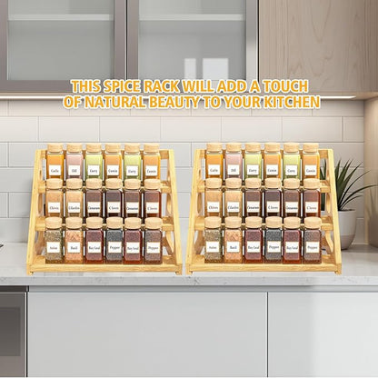 Spice Rack - Tiered Spice Rack Organization for Cabinet - 3 Tier Bamboo Display Spice Shelf for Countertop