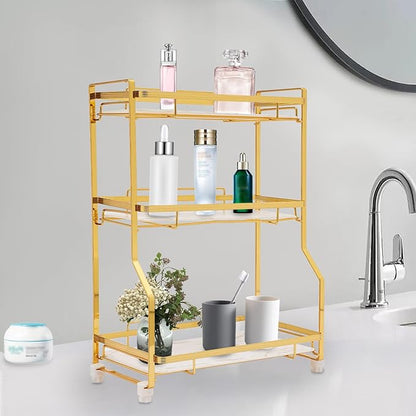 3 Tier Bathroom Countertop Organizer, Gold Bathroom Vanity Counter Organizer with Small Storage Basket for Skincare Makeup Perfume (White)