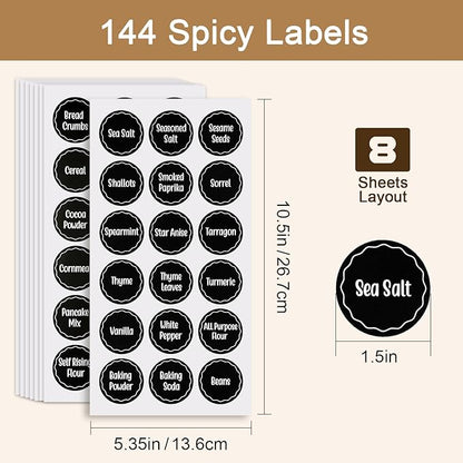 Aixoom 144PCS Spice Labels Stickers for Spice Rack, Preprinted Black Handwritten Words, 1.5in Round Labels for Spice Organize Storage Jars Boxes Bottles