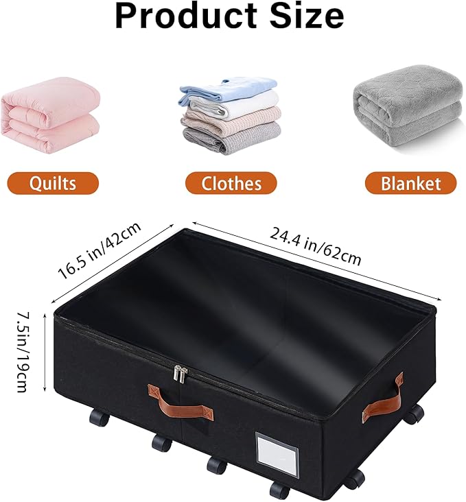 Freebat Under Bed Storage Organizer with Wheels, Underbed Container with Clear Lid Cover, Storage Bag Box with Visiable Window for Clothes, Bedsheet, Pillow, 2 Pack，7.5 inches