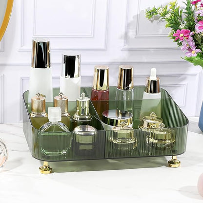 DASITON Makeup Organizer Countertop for Vanity, 5 Slots Makeup Brush Holder Organizer, Vintage Makeup Perfume Tray Cosmetic and Skincare Organizers for Bedroom Bathroom Counter, Desk Storage (Green)