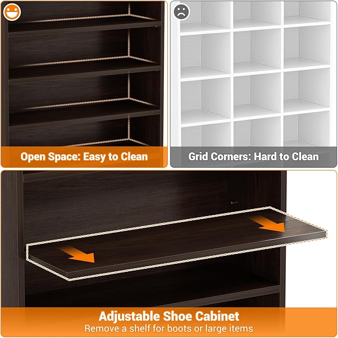 Homieasy Tall Shoe Cabinet, 9-Tier Wood Shoe Rack Organizer Cabinet for Closet, Freestanding Shoe Storage Cabinet with Adjustable Shelves for Entryway, Bedroom, Dark Walnut