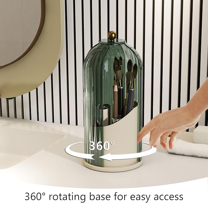 Makeup Brush Holder with Dustproof Cover 360 Rotating Makeup Brush Organizer for Vanity Bathroom, Green