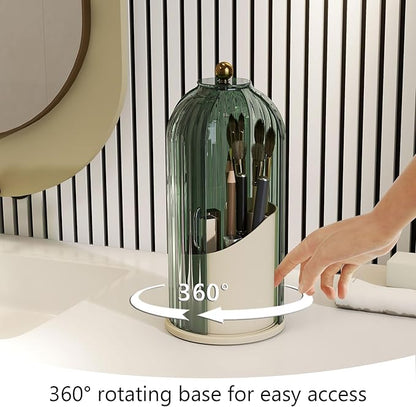 Makeup Brush Holder with Dustproof Cover 360 Rotating Makeup Brush Organizer for Vanity Bathroom, Green