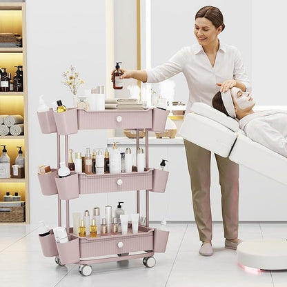 3 Tier Drawer Beauty Cart with 12 Movable Storage Organizer, Thickened ABS & 360° Wheels for Salon Station for Hair Stylist, Beauty Salon, Spa Massage Parlor, Makeup Organizer and More - Pink