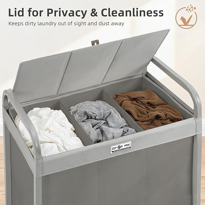 STORAGE MANIAC 3 Section Laundry Sorter, 60 Gal. Laundry Hamper Cart with Heavy Duty Rolling Lockable Wheels and Removable Bags, Clothes Organizer Basket Clothes Separator Hamper, Gray with Lid