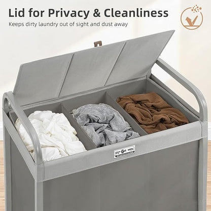 STORAGE MANIAC 3 Section Laundry Sorter, 60 Gal. Laundry Hamper Cart with Heavy Duty Rolling Lockable Wheels and Removable Bags, Clothes Organizer Basket Clothes Separator Hamper, Gray with Lid