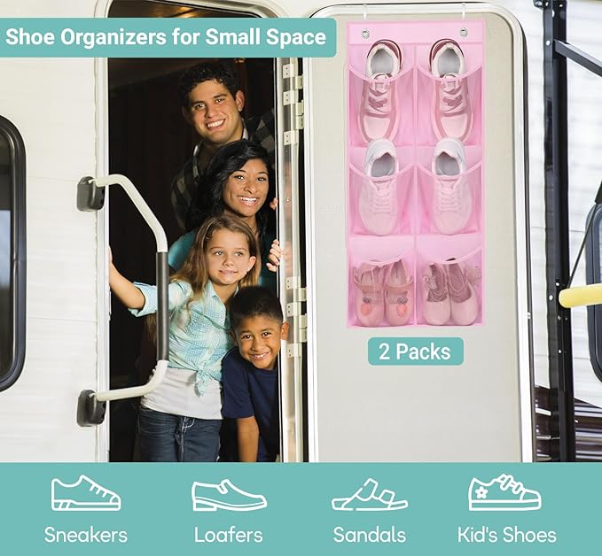 KIMBORA 2 Packs Narrow Kids Over the Door/Wall Shoe Organizer Small Baby Hanging Shoe Rack for Closet with Clear Mesh Pocket Shoe Storage for Toddler Girl Bedroom, Bathroom, RV, Pantry, Camping (Pink)