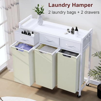 Timberer Laundry Hamper, Laundry Sorter 3 Section, Rolling Laundry Basket with Wheels, 3 Drawers, 3 × 14.5 Gal (55 L), Pull-Out and Removable Oxford Fabric Bags, White and Beige