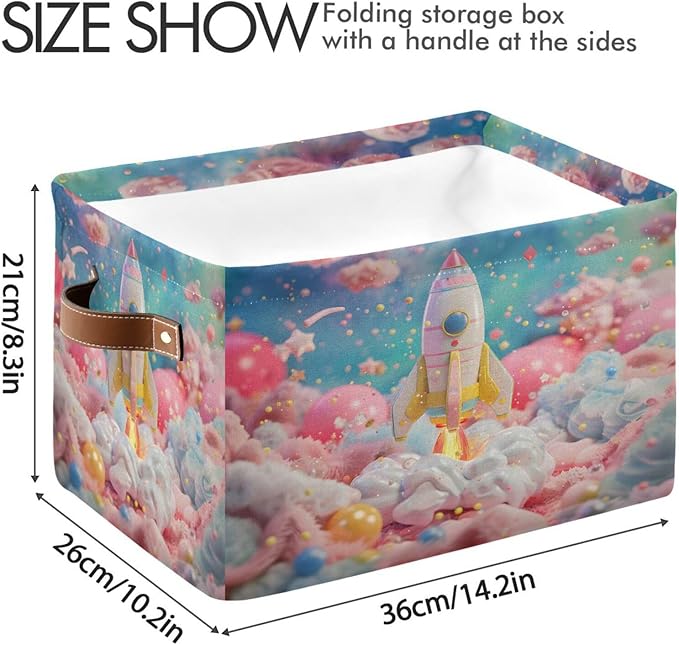 Large Storage Basket Rocket Pink Storage Bin Cube Canvas Fabric Organizer Handles Collapsible for Clothes Toys Bedroom Decorative