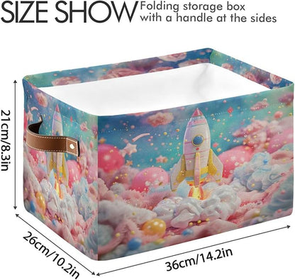 Large Storage Basket Rocket Pink Storage Bin Cube Canvas Fabric Organizer Handles Collapsible for Clothes Toys Bedroom Decorative