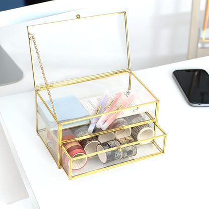 ZEXALOR 2-Tier Vintage Clear Desk Organizer with Drawer,Gold Decorative Storage Boxes,Jewelry Holder Display Tray Trinket Boxes Glass Memory Keepsake Box Dresser Vanity Wedding Decor Gifts(Gold)