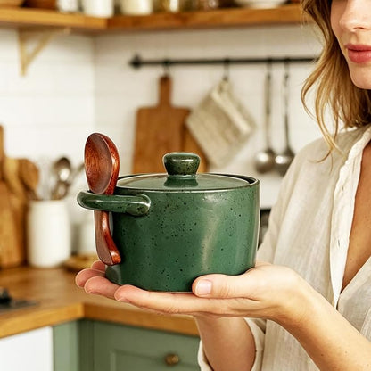 Ceramic Salt Cellar With Lid & Spoon,12oz Salt Container For Countertop,Sugar Bowl,Spice Jar(Green B)