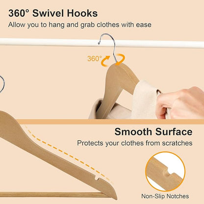 JupiterForce Wooden Clothes Hangers 50 Pack, Non-Slip Wood Hangers with 360° Swivel Hook & Shoulder Grooves, Coat Hanger for Suits, Coats, Shirts, Pants, Jackets and Dress(Natural)