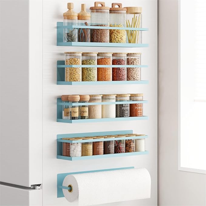 Magnetic Spice Rack For Refrigerator, Space Saving Magnetic Shelf For Fridge Blue 4 Pack With Magnetic Paper Towel Holder