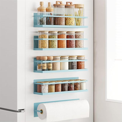 Magnetic Spice Rack For Refrigerator, Space Saving Magnetic Shelf For Fridge Blue 4 Pack With Magnetic Paper Towel Holder