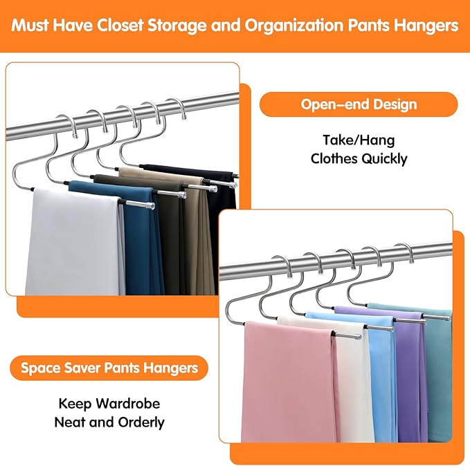 Pants Hangers Space Saving with Open-Ended,Closet Organizers and Storage,10 Pack Non-silp Clothes Hanger for Home Essentials,Dorm Room Essentials for College Students Girls Guys,Hangers for Jeans