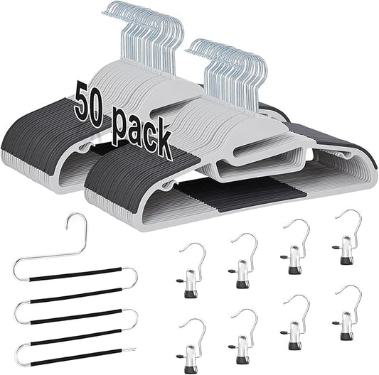 VECELO 50 Pack Coat Hangers, Premium Quality Plastic Suit Clothes Hanger, Non-Slip, Heavy-Duty, S-Shaped Opening, 360º Swivel Hook, Space-Saving for Bedroom Closet