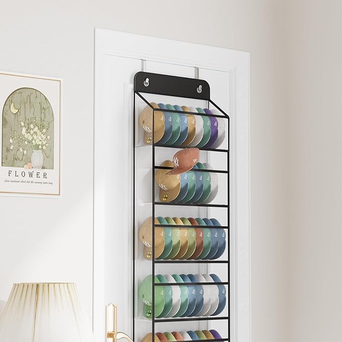 Simple Trending Over The Door Hat Organizer for Baseball Caps, Large Storage 72 Caps Hat Rack for Closet Wall, Deep Pockets Hanging Hat Holder with 2 Hooks, Black