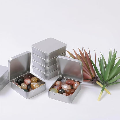 LJY 8 Pack Empty Rectangular Silver Metal Storage Organizer Tins with Hinged Lids for Candies, Gifts & Treasures (3.7 x 3.3 x 1 inch)