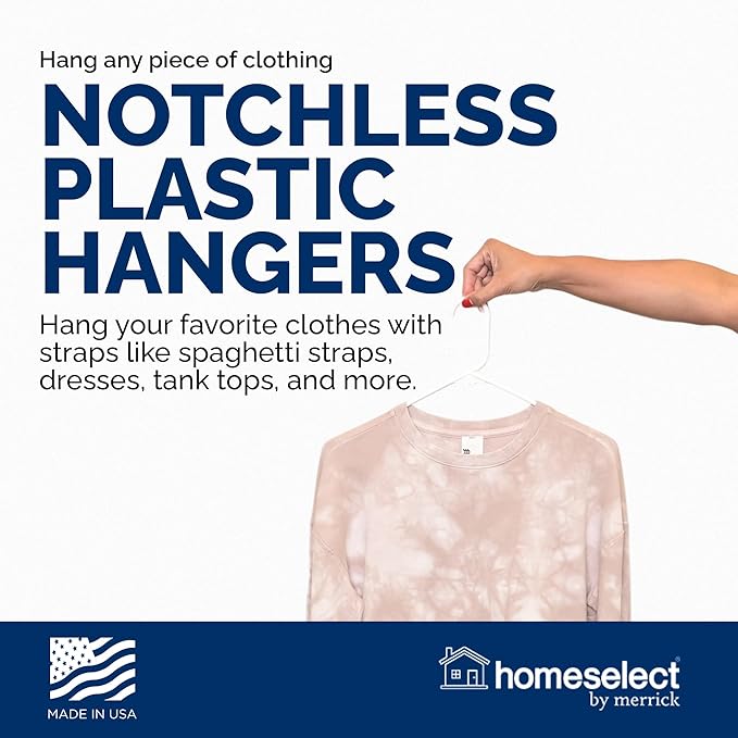 Homeselect 50 Pk Plastic Clothes Hangers Made in USA, No Shoulder Bumps, Space Saving, Hooks for Dresses and Strap, 6lb Capacity (Black)