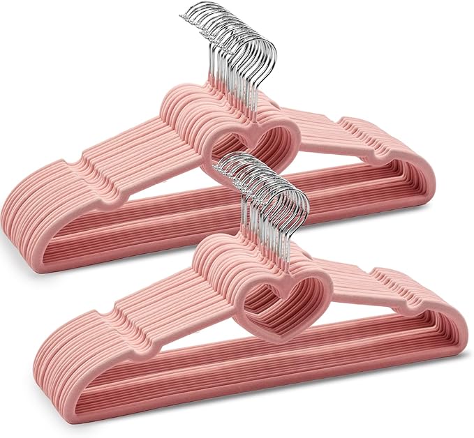 50 Pack Velvet Pink Hangers, Cute Heart Clothes Hangers with 360 Degree Swivel Hook, Non-Slip Thin Felt Hanger for Adult, Coat, Dress, Shirt, Jacket, Pants in Closet