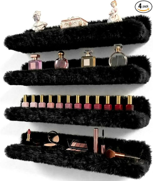 Care&More YJ 15 Inch Nail Polish Shelves, 4-Pack Fuzzy Display Nail Polish Rack for Storing Nail Bottles, Sunglasses, Essential Oils, Plush Soft Black