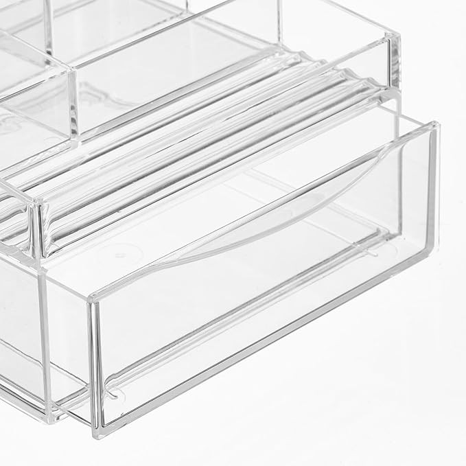mDesign Plastic Divided Makeup Organizer Holder Bin with Front Drawer for Bathroom Vanity, Countertop Storage - Cosmetic Organization Holds Palettes, Brushes, Accessories - Cadi Collection - Clear