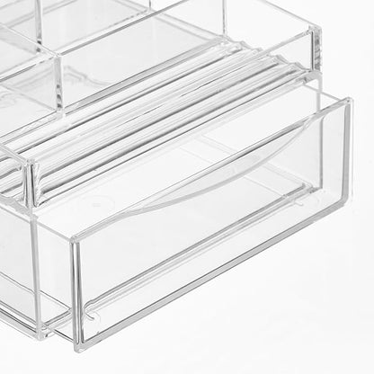 mDesign Plastic Divided Makeup Organizer Holder Bin with Front Drawer for Bathroom Vanity, Countertop Storage - Cosmetic Organization Holds Palettes, Brushes, Accessories - Cadi Collection - Clear