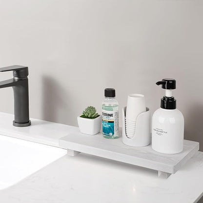 zoocatia Bathroom Counter Organizer Wood Pedestal Stand Farmhouse Decorative Tray Soap Holder for Kitchen Decor, Large 11.8" x 7" - White