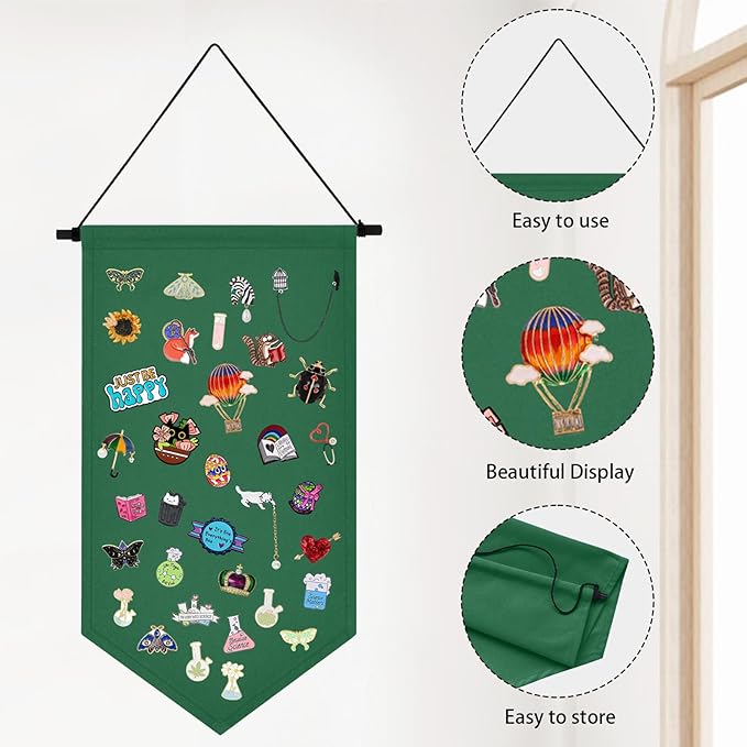 Kunyeah Wall Hanging Brooch Organizer Storage Case Colorful Canvas Pin Board Stand Enamel Pin Badge Hanging Holder Display Banner Earrings Collection Holder - Pins No Included (Green)