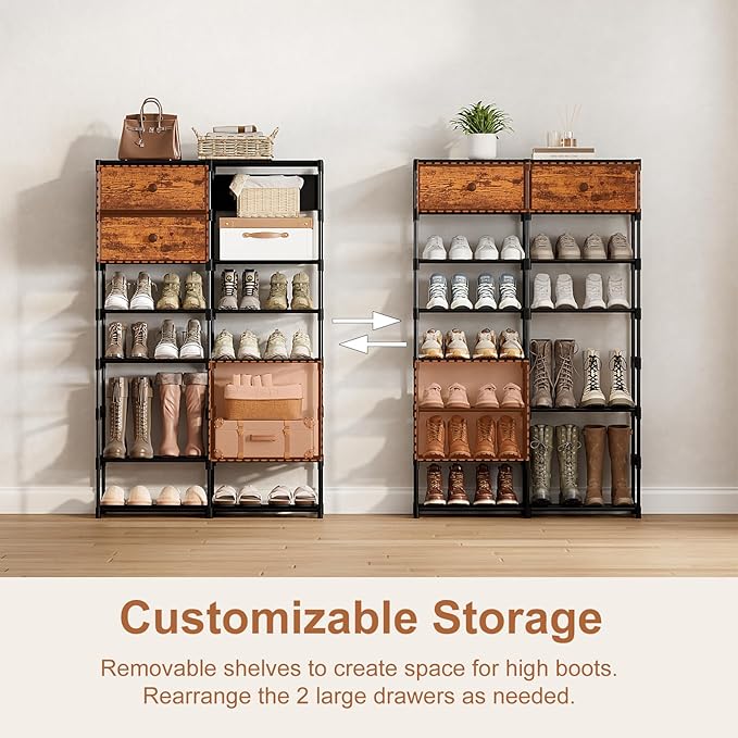 Tall Shoe Rack, 8 Tier Shoe Rack Organizer with 2 Large Drawers, Shoe Storage for 28-32 Pairs, Sturdy Metal Shoe Shelf Shoe Stand for Closet Entryway, Rustic Brown and Black