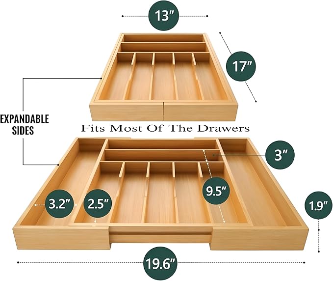 Bamboo Drawer Organizer – Expandable 9 Slot Silverware & Utensil Tray for Kitchen, Office & Kitchen –Fits 13”–19.6” Drawers, Natural Bamboo Wood, Deep Compartments - Durable & Eco-Friendly
