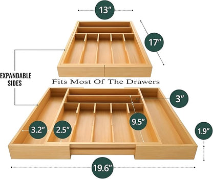Bamboo Drawer Organizer – Expandable 9 Slot Silverware & Utensil Tray for Kitchen, Office & Kitchen –Fits 13”–19.6” Drawers, Natural Bamboo Wood, Deep Compartments - Durable & Eco-Friendly