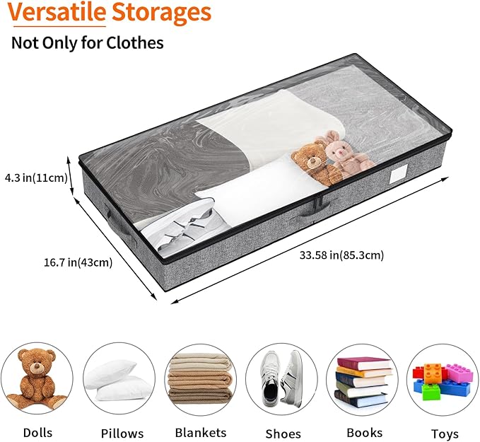 Fixwal Under Bed Storage Containers 4 Pack, Reinforced Underbed Organizer Below 4.5 Inches Low Profile Clothes Storage Bins with Sturdy Sidewalls and Bottom