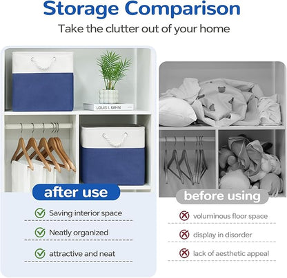 13 x 13 Inch Cube Storage Bins, 6 Pack Fabric Storage Basket with Handles, Foldable Boxes Organizer for Shelf Baskets for Home, Clothes (White/Blue)