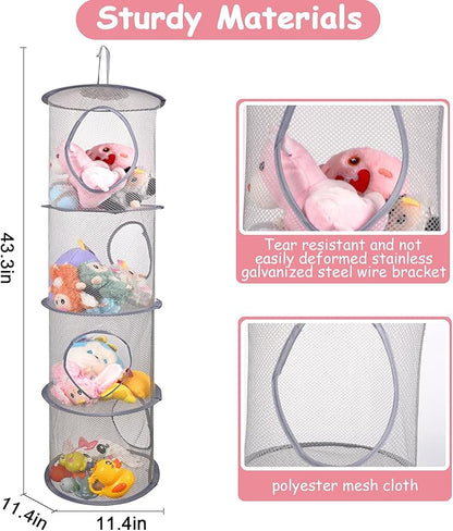ChezMax Hanging Mesh Stuffed Animal Storage - 4 Tiers 2 Pack Large Stuffed Animal Net Organizer, Foldable Space Saver Bags Plushie Basket Organization Holder Room Bedroom Playroom Wardrobe Wall Grey