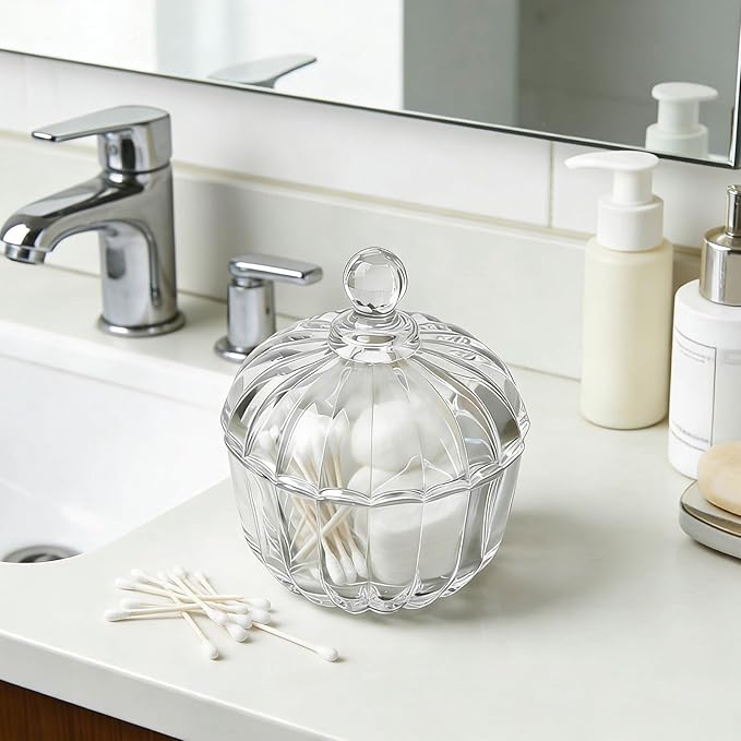 Clear Glass Jar with Lid - Pumpkin Glass Sugar Bowl with Lid for Coffee Station Sugar Cube Holder, Bathroom Qtip & Cotton Ball Organizer, Kitchen Storage & Home Decor Candy Jar