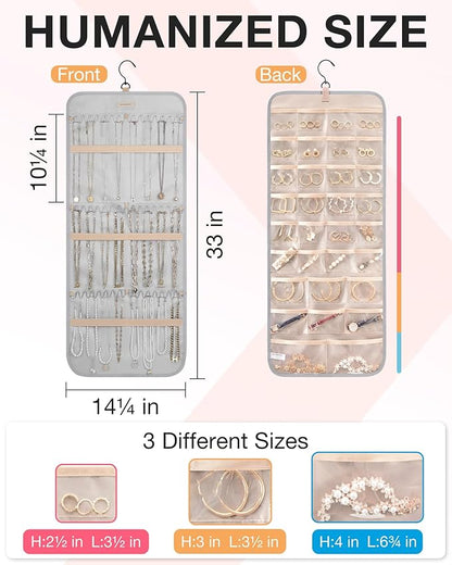 BAGSMART Hanging Jewelry Organizer Storage Roll with Hanger Metal Hooks Double-Sided Jewelry Holder for Earrings, Necklaces, Rings on Closet, Wall, Door, 1 piece, Large, Grey