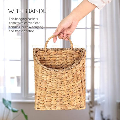 Woven Hanging Water Hyacinth Baskets, Hanging Wall Wicker Basket, Handmade Organizer Baskets, Hanging Flower Basket for Shelves, Walls, Doors, Balconies, Front of House, Garden, Farmhouse, Home.