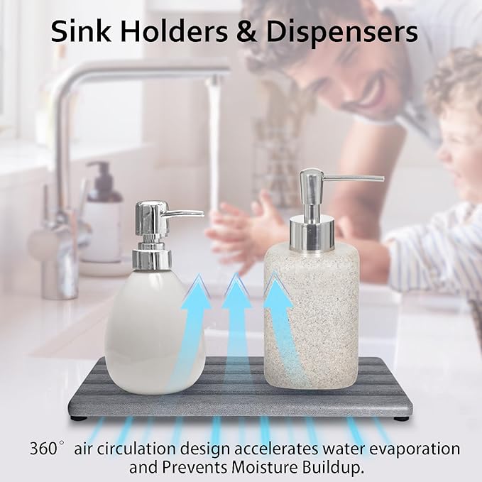2 PCS Water Absorbing Stone Trays for Bathroom Sink & Kitchen Counter, Fast-Drying Diatomite Sink Caddy, Vanity Tray, Hand Soap Holder with Anti-Skid Pads (Gray, 8.7" x 4"/22 x 10cm)