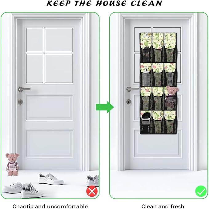 Frog Flower Over The Door Shoe Organizers with 12 Pockets,Quick Dry Mesh Organizer Hanging for Pantry Bathroom Closet,Mesh Pocket Over the Door Shoe Organizer for RV,Pantry,Camping