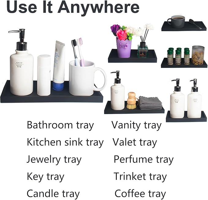 DNC 7.9" Small Silicone Bathroom Counter Tray, Vanity Tray, Kitchen Sink Soap Tray for Dish Holder Dispenser Countertop Toilet Tank Desk Organizer Black