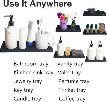 DNC Bathroom Vanity Tray for Counter, 2PC (7.9" +11.8") Silicone Kitchen Sink Soap Tray for Countertop Dish Holder Dispenser Toilet Tank Desk Organizer Black