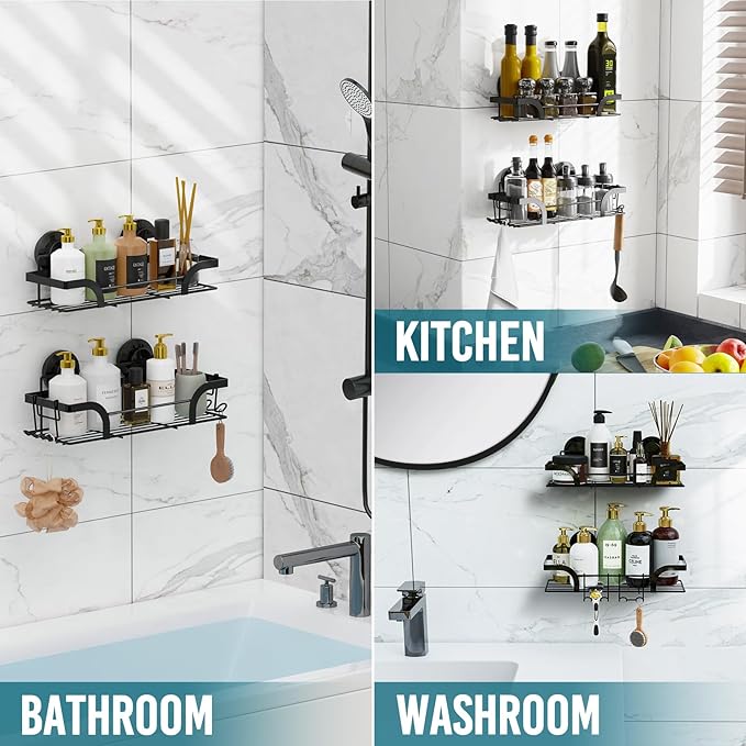 TAILI Shower Caddy Suction Cup 2 Pack, Heavy Duty Bathroom Basket, Bath Shelves for Inside, Stainless Steel Shower Holder for Bathroom Storage & Home Decor,Black
