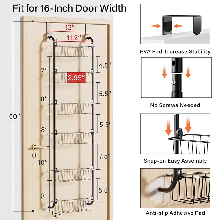 Delamu Narrow Over the Door Pantry Organizer, 6-Tier Metal Pantry Door Organization and Storage for Easy Install, Hanging Spice Rack Seasoning Shelves for Cabinet & Kitchen, D5 x W13 x H50 inch, Black