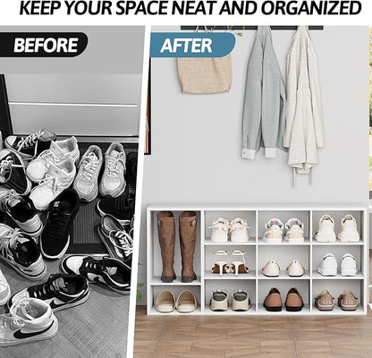 Aenuert 11-Cubby Shoe Rack, 3-Tier Wood Shoe Organizer, Multifunctional Shoe Organizer Bench for Entryway, Mudroom, Hallway, Closet,36.22 * 11.81 * 17.72 Inch,White