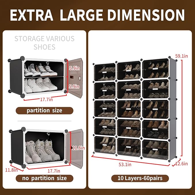 MAGINELS 6-Tier Shoe Rack,Expandable Plastic Shoe Cabinet. Shoe Storage with Door,Entryway, Closets, Hallway, and Bedroom.Accommodates Up to 24 Pairs of Shoes.Grey (3 by 10-(60 Pairs))