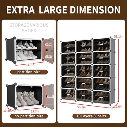 MAGINELS 6-Tier Shoe Rack,Expandable Plastic Shoe Cabinet. Shoe Storage with Door,Entryway, Closets, Hallway, and Bedroom.Accommodates Up to 24 Pairs of Shoes.Grey (3 by 10-(60 Pairs))